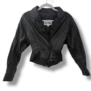 80s Vintage CHIA leather jacket Tooled Cropped black Sz XS punk rock nip waist